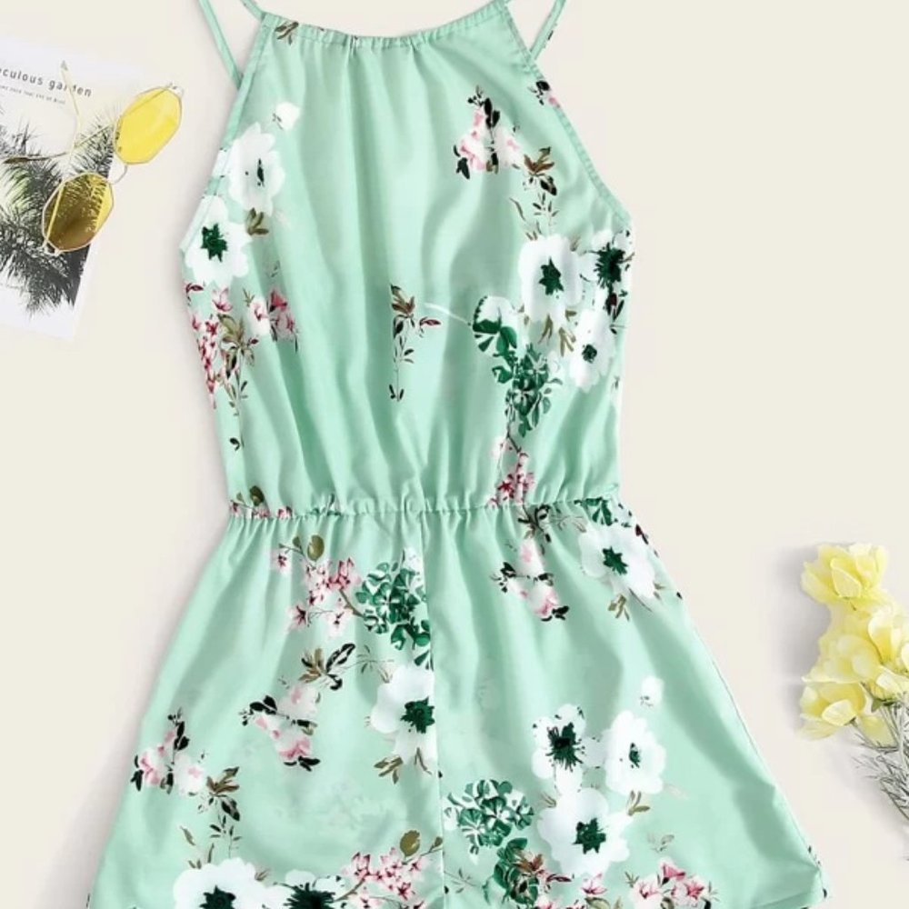 Green Floral Halterneck Romper in S, M, L